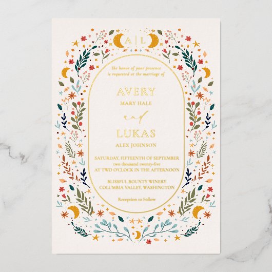 実在金ゴールドヴィンテージ神秘的フローラモノグラム結婚の 箔招待状 (正面)