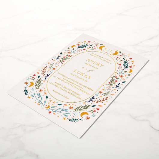 実在金ゴールドヴィンテージ神秘的フローラモノグラム結婚の 箔招待状 (回転した状態)