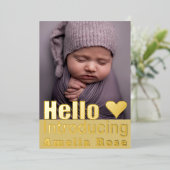 実在金ゴールド写真コラージュHelloベビー発表 箔招待状 (立ち正面)