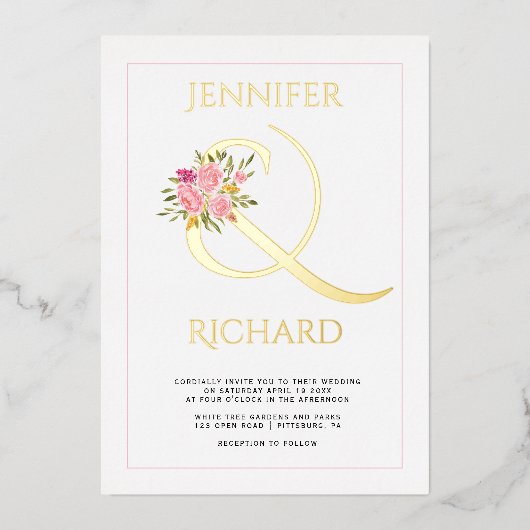 実在金ゴールド箔アンパサンドとピンクのバラ結婚ズのfor 箔招待状 (正面)