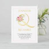 実在金ゴールド箔アンパサンドとピンクのバラ結婚ズグリーン 箔招待状 (立ち正面)