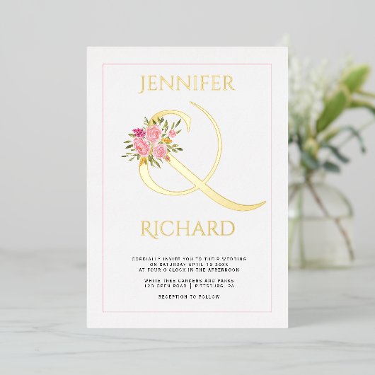 実在金ゴールド箔アンパサンドとピンクのバラ結婚ズグリーン 箔招待状 (立ち正面)