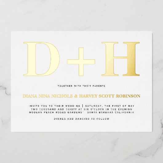 実在金ゴールド箔イニシャルはっきりした結婚タイポグラフィ 箔招待状 (正面)