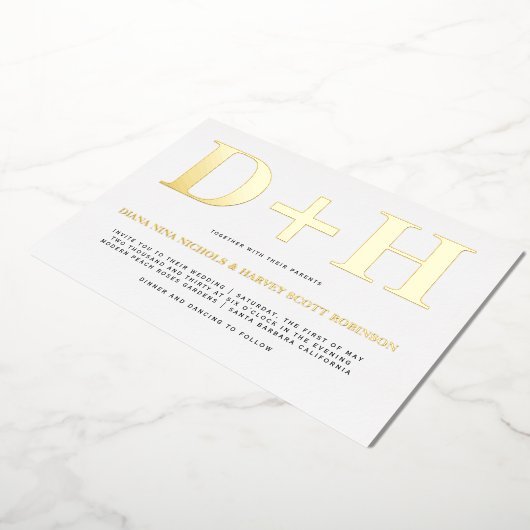 実在金ゴールド箔イニシャルはっきりした結婚タイポグラフィ 箔招待状 (回転した状態)