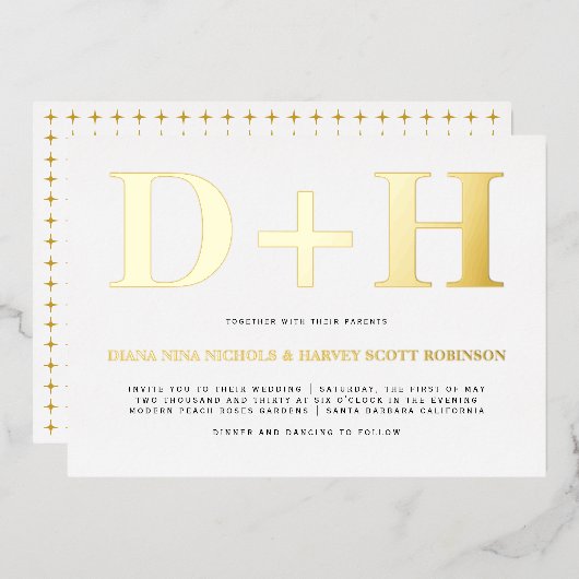 実在金ゴールド箔イニシャルはっきりした結婚タイポグラフィ 箔招待状 (正面/裏面)
