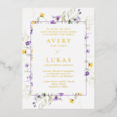 実在金ゴールド紫フローラエレガントモノグラム結婚ズ 箔招待状 (正面)