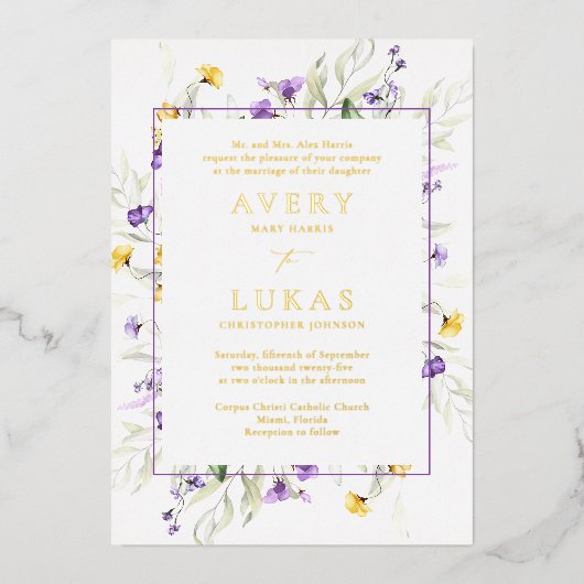 実在金ゴールド紫フローラエレガントモノグラム結婚ズ 箔招待状 (正面)