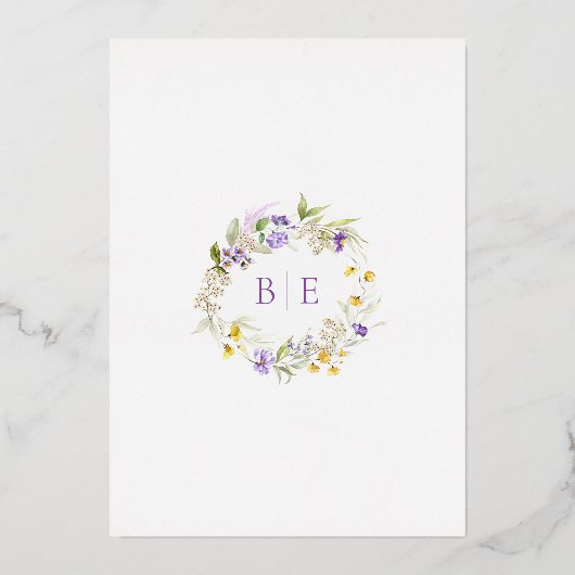 実在金ゴールド紫フローラエレガントモノグラム結婚ズ 箔招待状 (裏面)