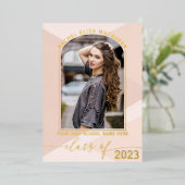 実在金ゴールド赤面ピンク幾何写真卒業 箔招待状 (立ち正面)