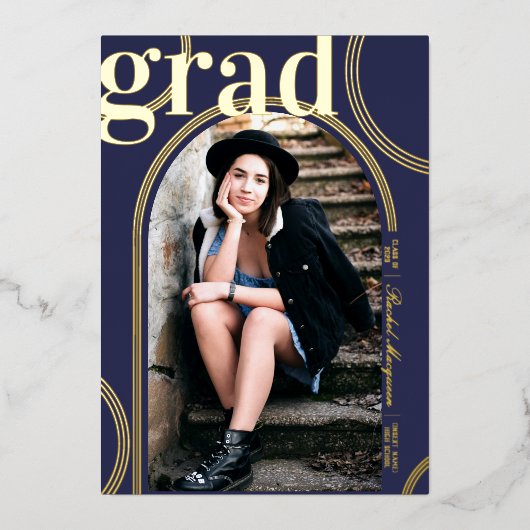 実在金ゴールド青円幾何円アーチ目盛 箔招待状 (正面)