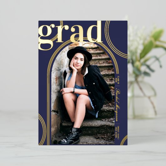 実在金ゴールド青円幾何円アーチ目盛 箔招待状 (立ち正面)