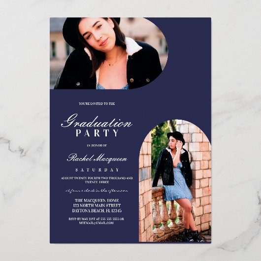 実在金ゴールド青円幾何円アーチ目盛 箔招待状 (裏面)