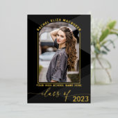 実在金ゴールド黒幾何写真卒業 箔招待状 (立ち正面)