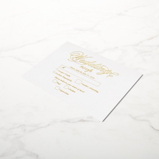 実在金箔エレガントラグジュアリーホワイトウェディングRSVP 箔招待状ポストカード (回転した状態)
