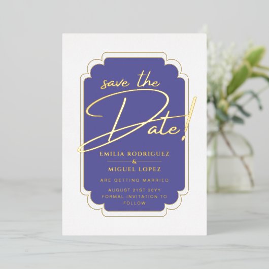 実在金箔パープル日付を保存結婚する 箔招待状 (立ち正面)