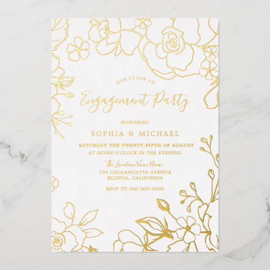 実在金箔フラワーズ婚約パーティゴールデン 箔招待状 (正面)