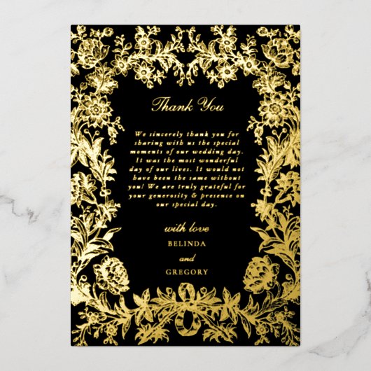 実在金箔フローラブラック結婚の感謝 箔招待状 (正面)