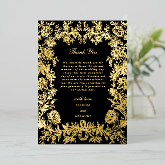 実在金箔フローラブラック結婚の感謝 箔招待状 (立ち正面)