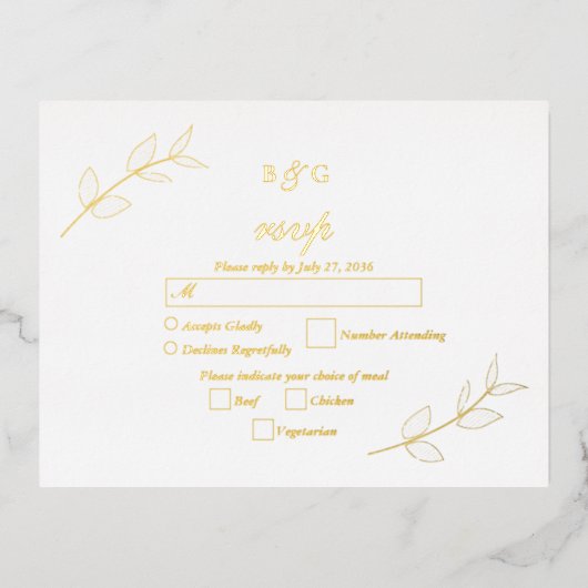 実在金箔離れエレガントウェディングRSVP 箔招待状ポストカード (正面)