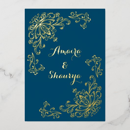 実在金箔（前）ロータスフラワーウェディング招待 箔招待状 (正面)