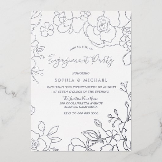 実在銀箔フラワーズ婚約パーティエレガント 箔招待状 (正面)