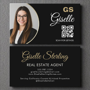 実在Estate Agentブラック金ゴールド写真QRコード 名刺
