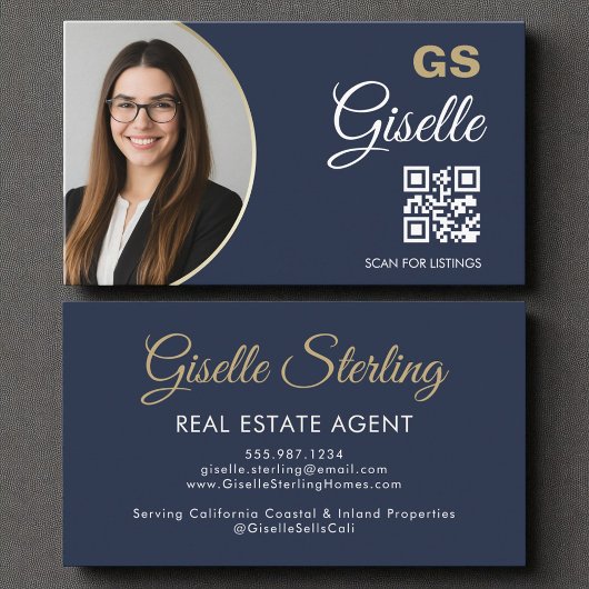 実在Estate Agent Navyブルー金ゴールド写真QRコード 名刺