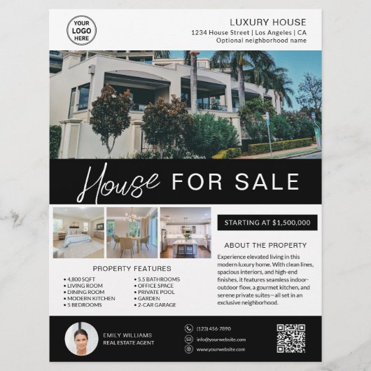 実在Estate Broker House for SaleカスタムロゴQR チラシ (正面)