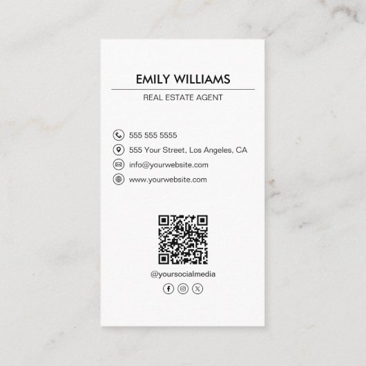 実在Estate White Photo QR Code Social Media 名刺 (裏面)