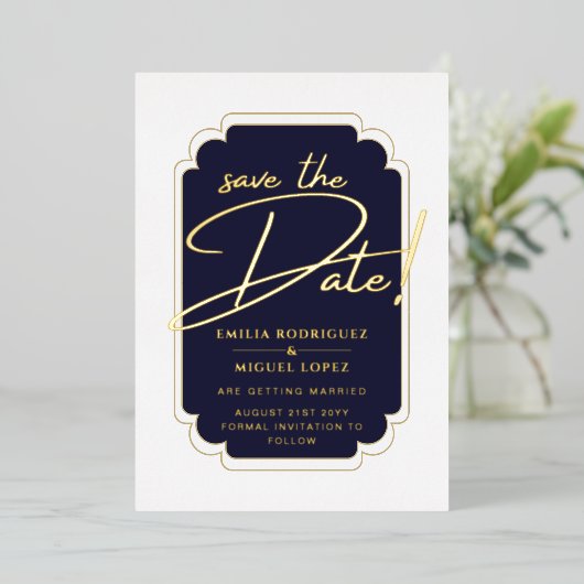 実在GOLD Foil Blue日付を保存結婚する 箔招待状 (立ち正面)