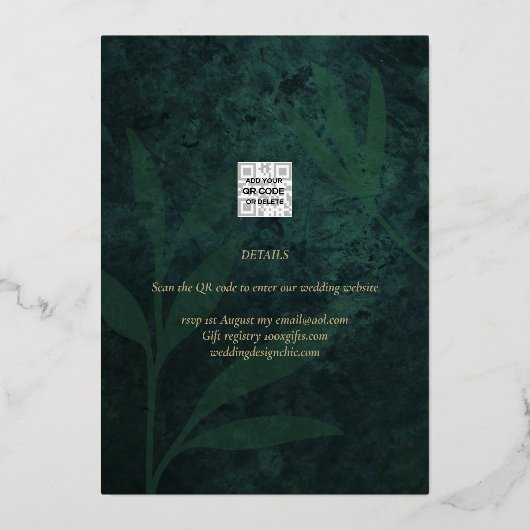 実在GOLD FOIL Emerald Green日付を保存結婚する 箔招待状 (裏面)