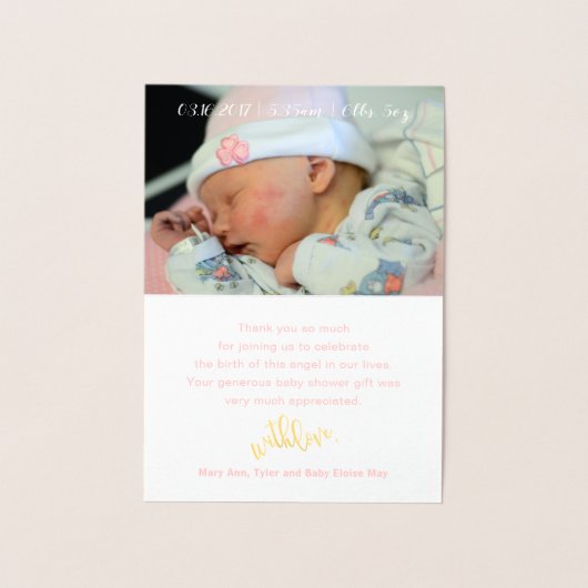 実在Gold Foil THANK YOU Baby Shower Photo Card 箔カード (内部)