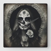 実存性ライトヴィンテージ女性スカルポートレート2 スクエア壁時計 (正面)