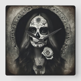 実存性ライトヴィンテージ女性スカルポートレート2 スクエア壁時計