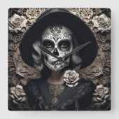 実存性ライトヴィンテージ女性スカルポートレート3 スクエア壁時計 (正面)