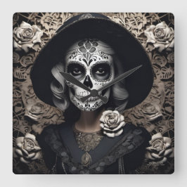 実存性ライトヴィンテージ女性スカルポートレート3 スクエア壁時計