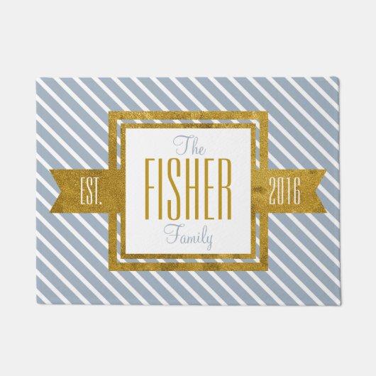 実家確立された年の金ゴールドおよび青い縞 ドアマット (正面)