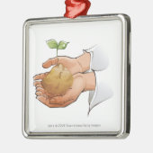 実生植物を握る人の手のクローズアップ メタルオーナメント (左)