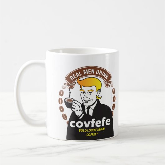 実質の人の飲み物COVFEFE! 切札のミームのコーヒーパロディ コーヒーマグカップ (左)