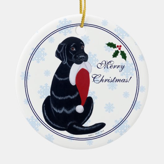 実験室のクリスマスのサンタのパーソナライズで黒い帽子 セラミックオーナメント (正面)