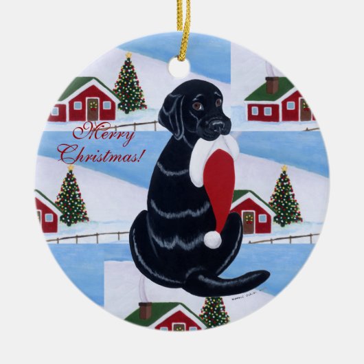 実験室のクリスマスのサンタのパーソナライズで黒い帽子 セラミックオーナメント (正面)