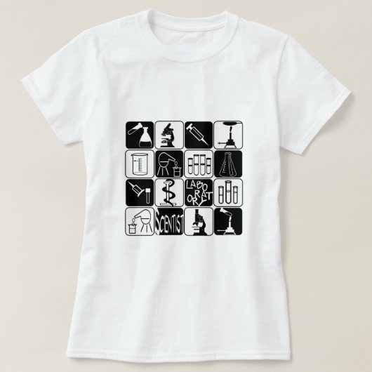 実験室の科学者記号および用具 Tシャツ (デザイン正面)