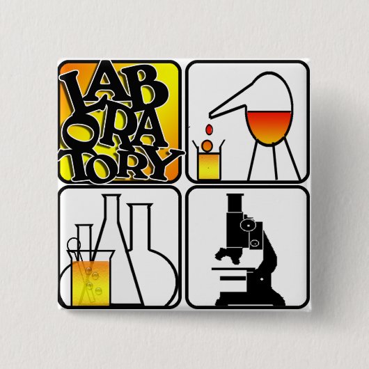 実験室4の正方形-ビーカー/顕微鏡 缶バッジ (正面)