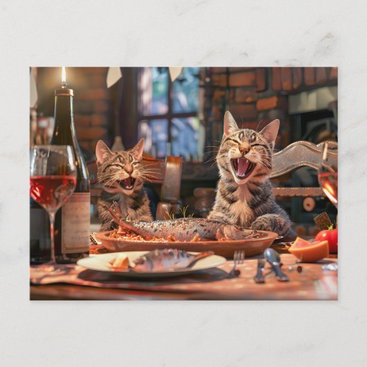 室内でワインを飲みながら魚を食べる猫たち シーズンポストカード (正面)