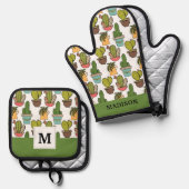 室内用サボテンと多肉類のポットパターン 鍋つかみ&鍋敷きセット (正面/裏面)