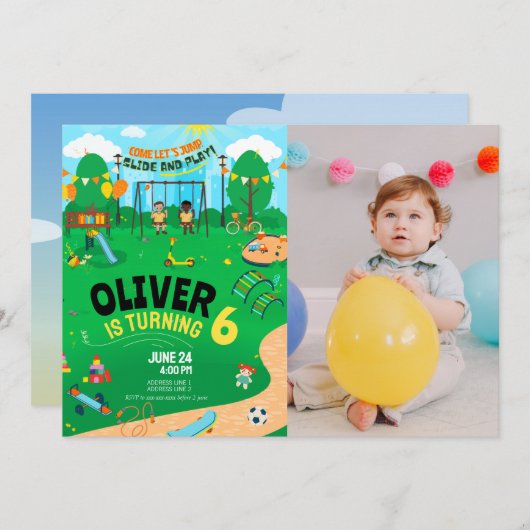 室内遊び場の写真を使ったバースデーカード 招待状 (正面/裏面)