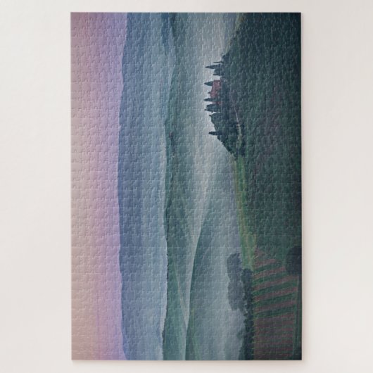 家とのタスカニーの霧深い景色上の日の出 ジグソーパズル (縦)