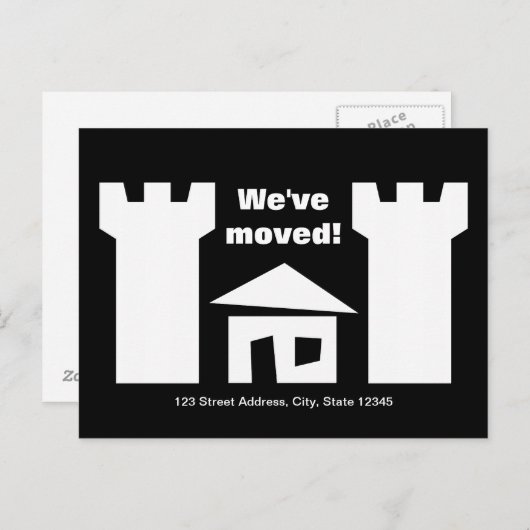 家と新しい住所おもしろいを持つはがきの移動 案内ポストカード (正面/裏面)