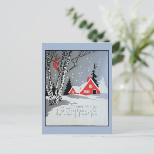 家と月付きのデコクリスマスのはがき シーズンポストカード (スタンド正面)