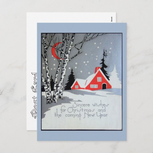 家と月付きのデコクリスマスのはがき シーズンポストカード (正面/裏面)